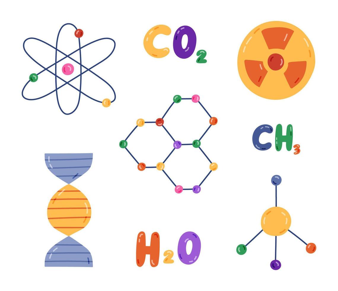 Cute cartoon set with chemistry symbols. Molecule, atom, chemical formulas of H2O, CO2, CH2, DNA chromosome, nuclear radiation. Hand drawn sign of science, medicine, technology, biology. vector