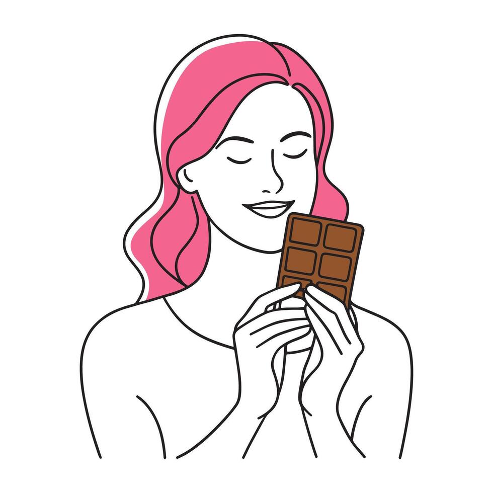 Woman joyfully holds a piece of chocolate, showcasing her delight in this sweet treat continuous line art flat illustration white background. vector