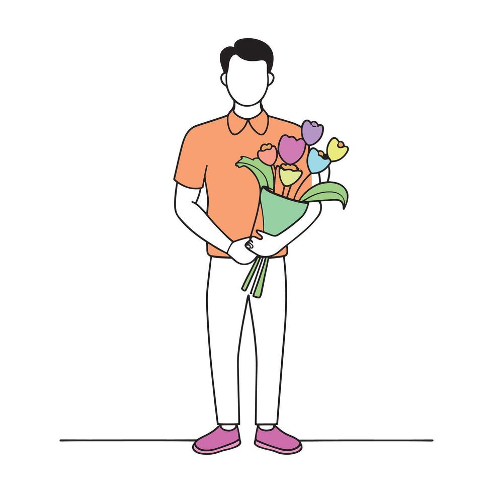 Man stands proudly, holding a vibrant bouquet of flowers in his hands continuous line art flat illustration white background vector