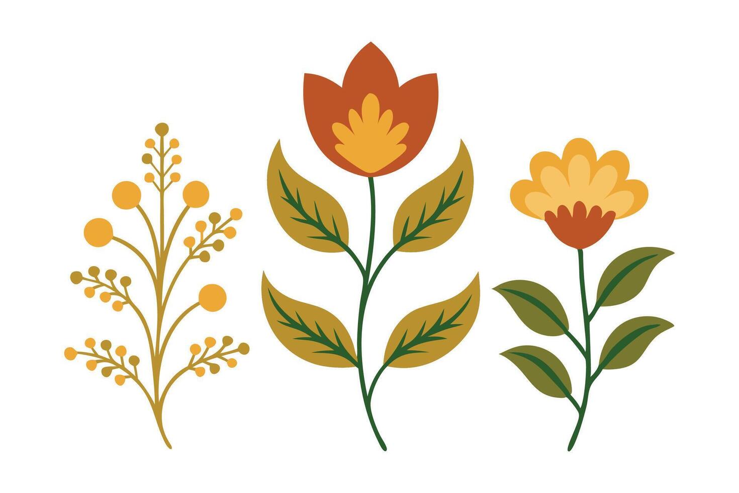 Colorful display of flowers and leaves, highlighting the rich hues and textures found in nature flat illustration set vector