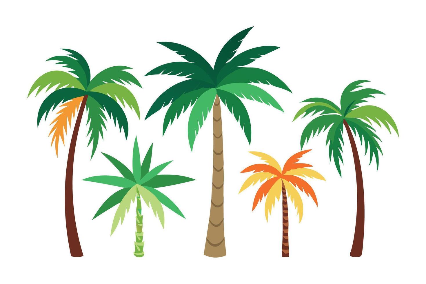 Clipart of palm trees, showcasing their tall trunks and lush green fronds against a simple white background vector
