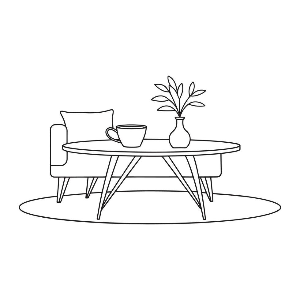 Coffee Table Living Room Furniture isolated continuous line art flat illustration on white background. vector