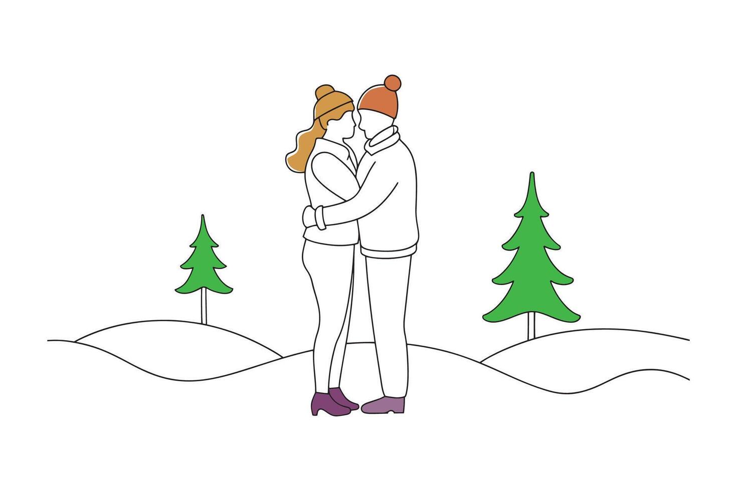 Couple embraces warmly in the snow, surrounded by snow-covered trees in a serene winter landscape line art flat illustration vector