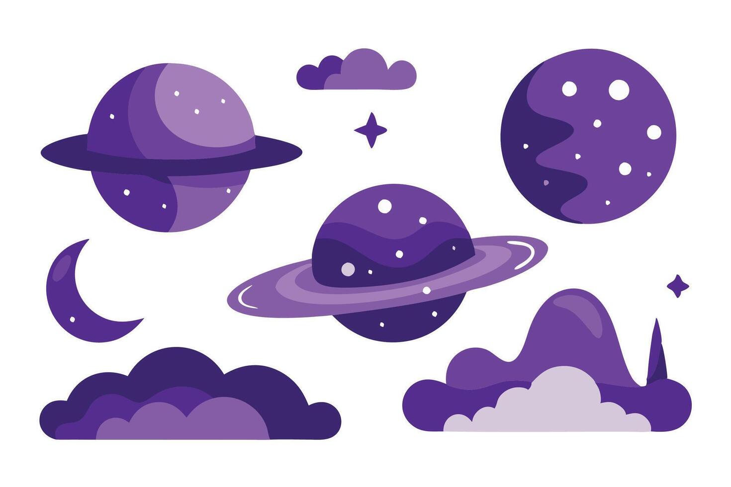 Purple night sky element set flat illustration white background. vector
