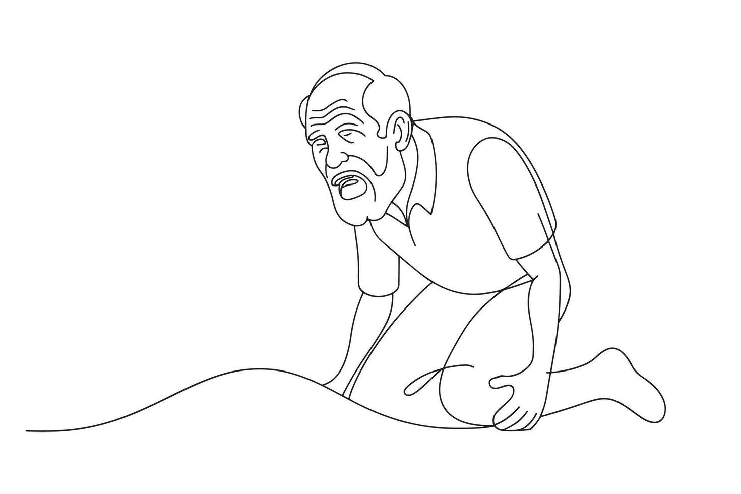 Old man Contorted from severe pain Continuous line art white background. vector