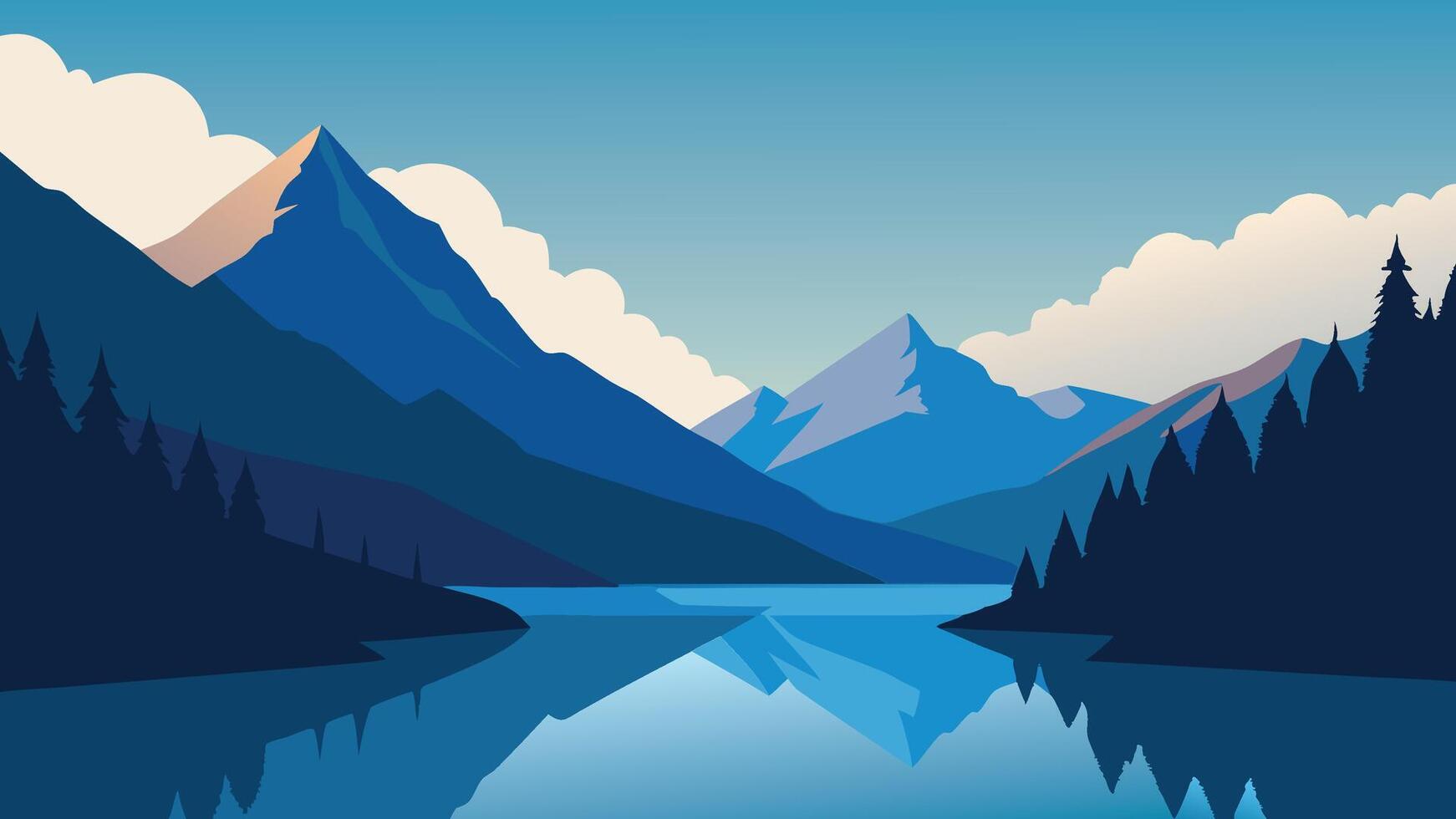 mountain lake nestled among towering mountains, with soft clouds drifting above, creating a picturesque landscape flat illustration. vector