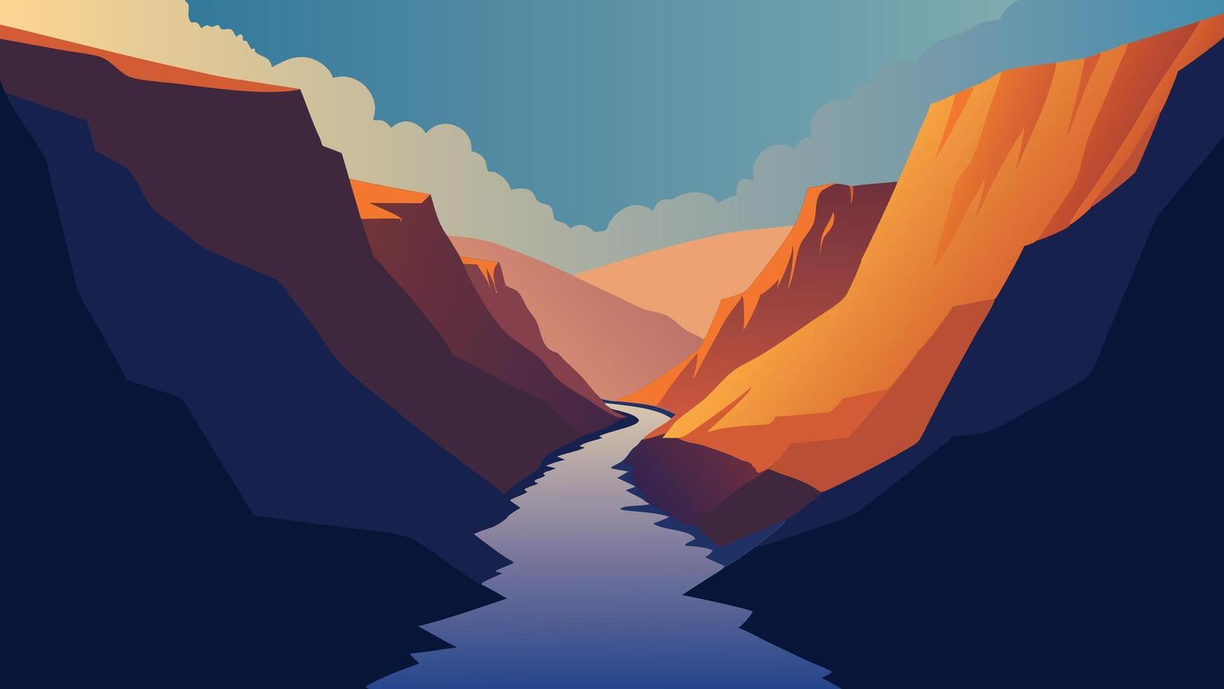 River flows through a canyon, flanked by towering cliffs on either side, showcasing the beauty of nature's landscape flat illustration. vector
