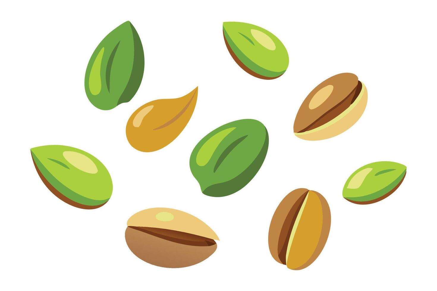Falling pistachio nuts set isolated flat illustration white background. vector