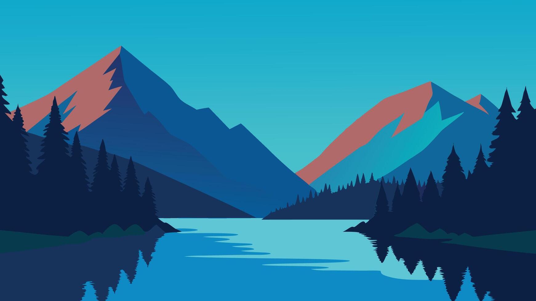 Mountain scene with a clear lake and verdant trees, capturing the essence of a peaceful natural environment flat illustration. vector