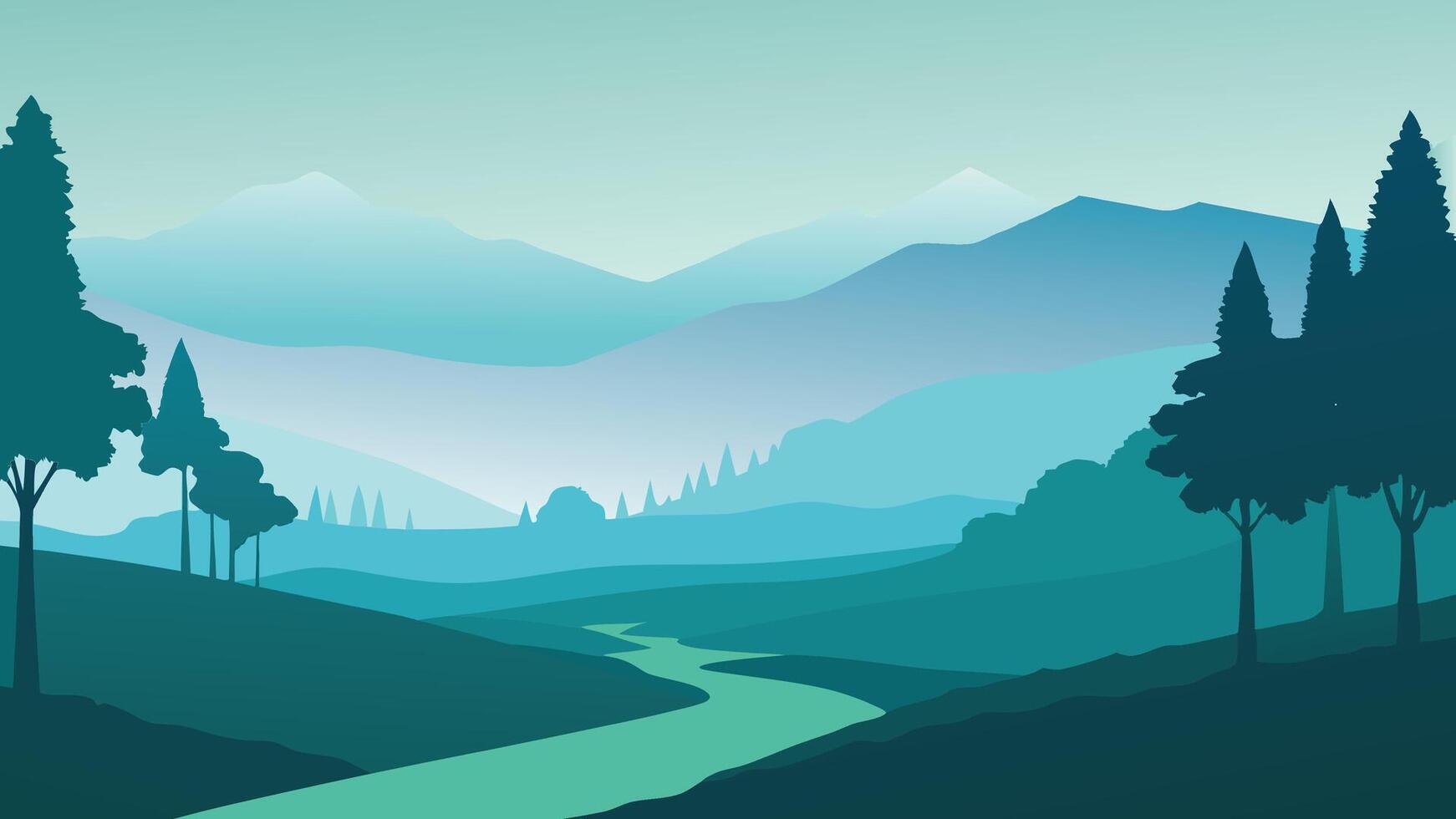 Landscape featuring lush trees shrouded in a gentle fog, creating a tranquil and picturesque scene flat illustration. vector