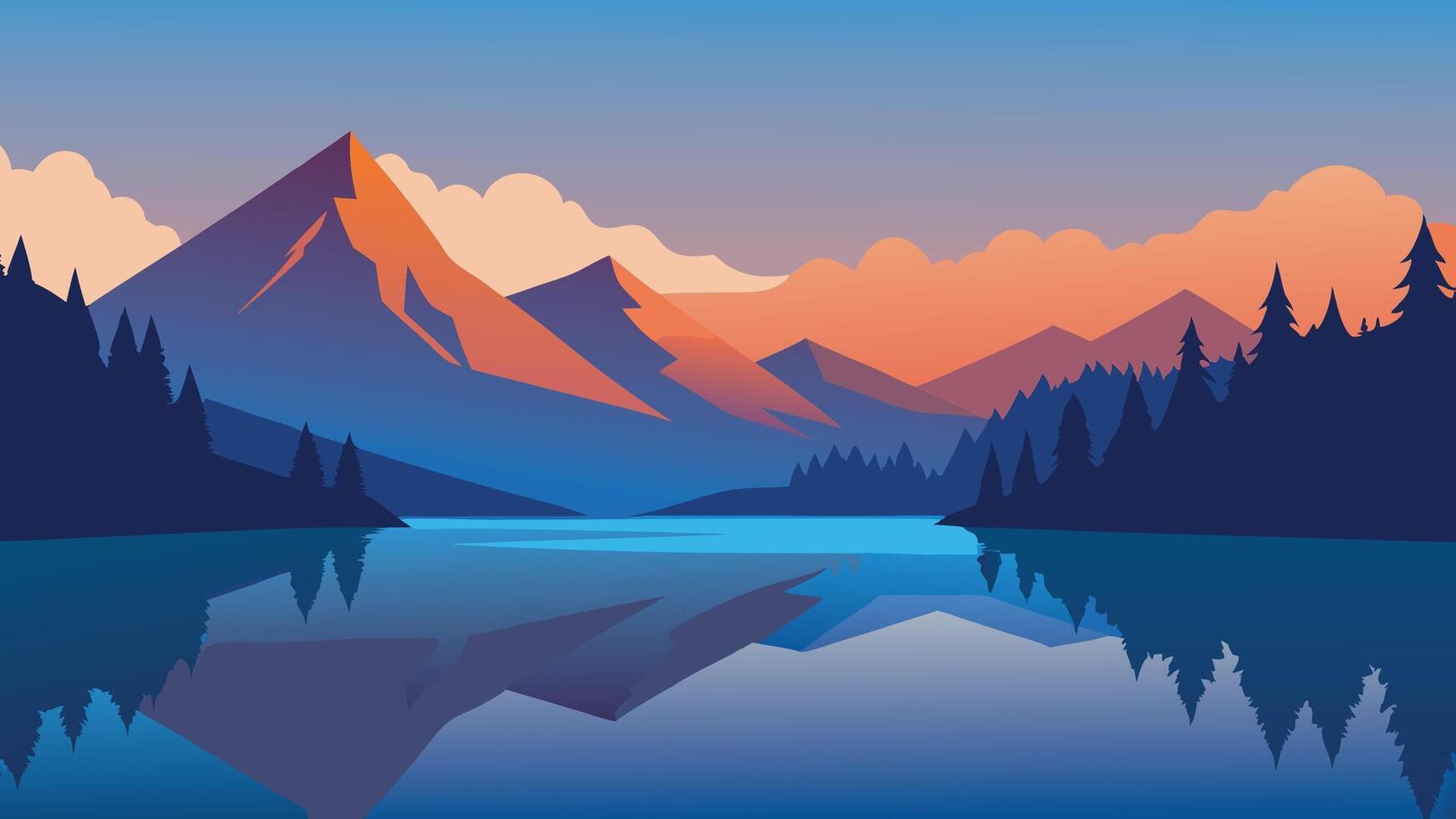 Landscape with mountains and trees reflected in still water, highlighting the beauty of the season. flat illustration vector