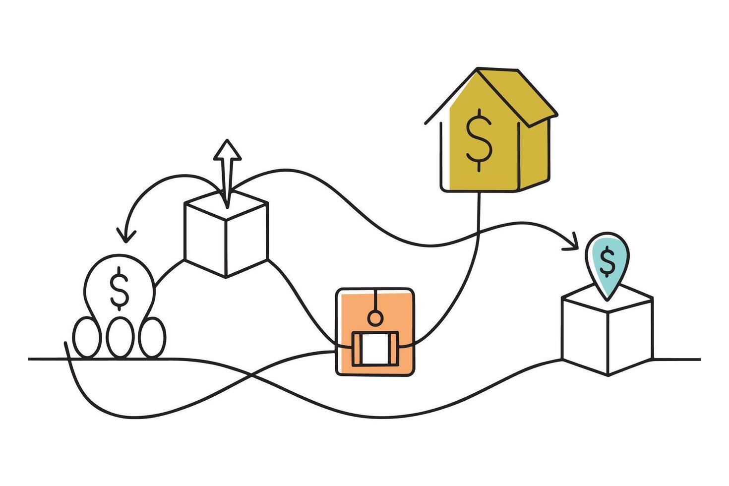Simple line illustration depicting three houses, representing a unique business idea in the housing market isolated doodle line art flat illustration on white background vector