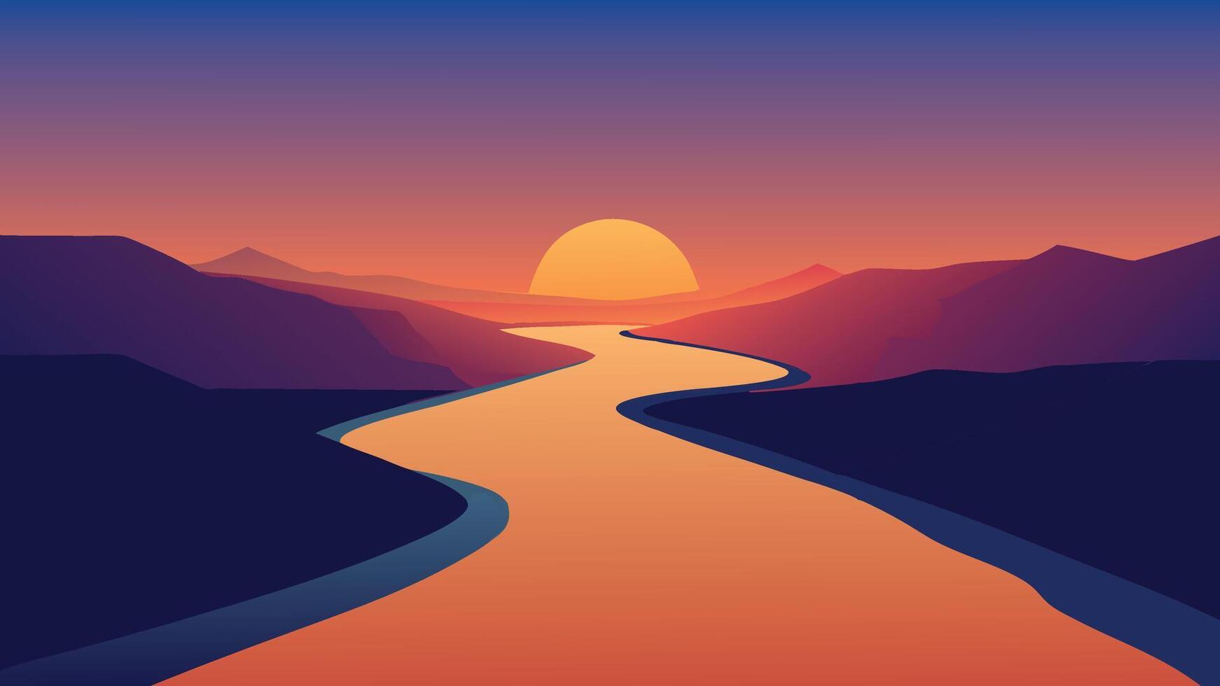 River at sunset, with vibrant colors reflecting beautifully on the calm water's surface flat illustration. vector