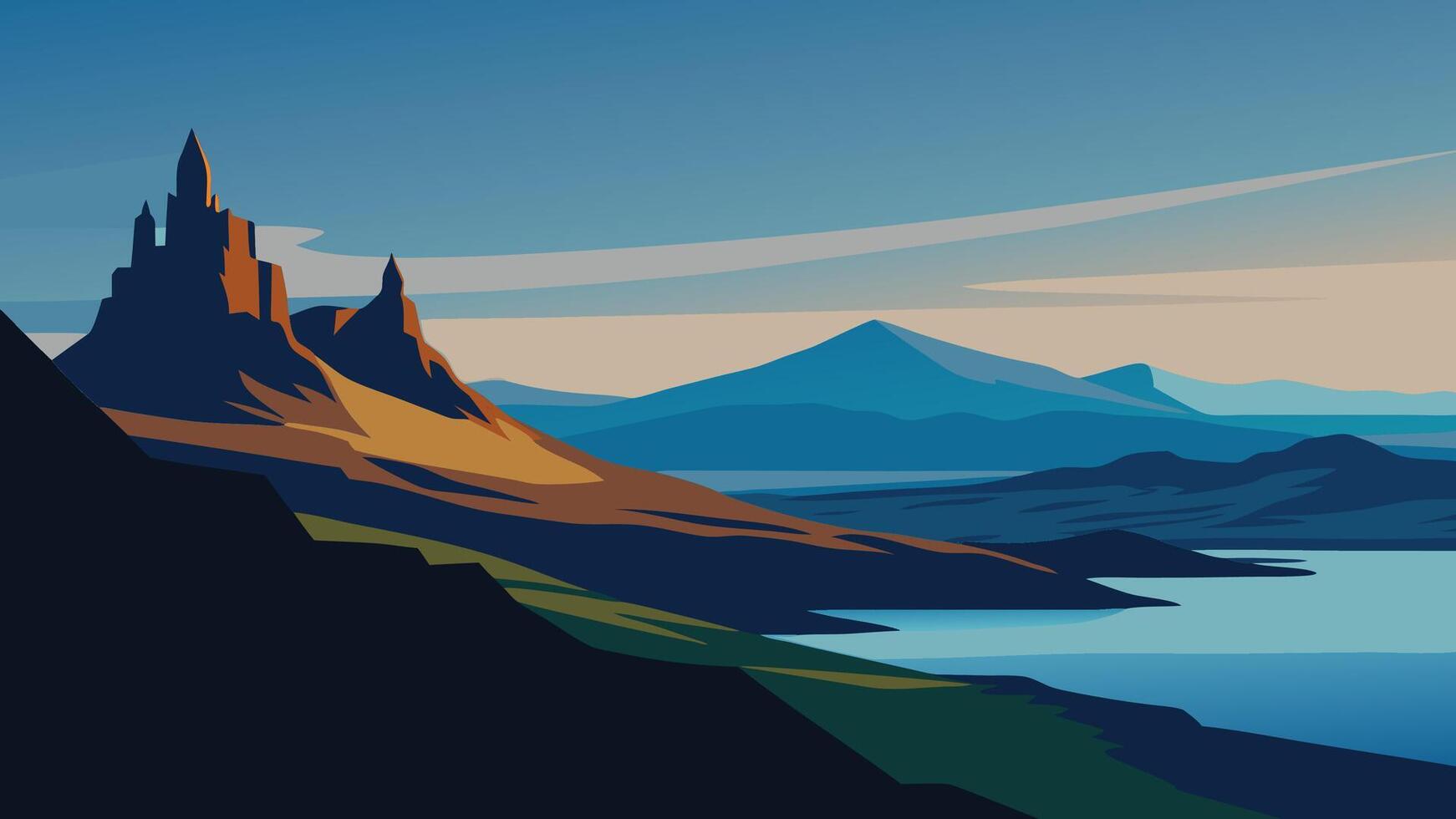 breathtaking view of the Isle of Skye in Scotland, showcasing its rugged landscapes and dramatic coastal scenery flat illustration. vector