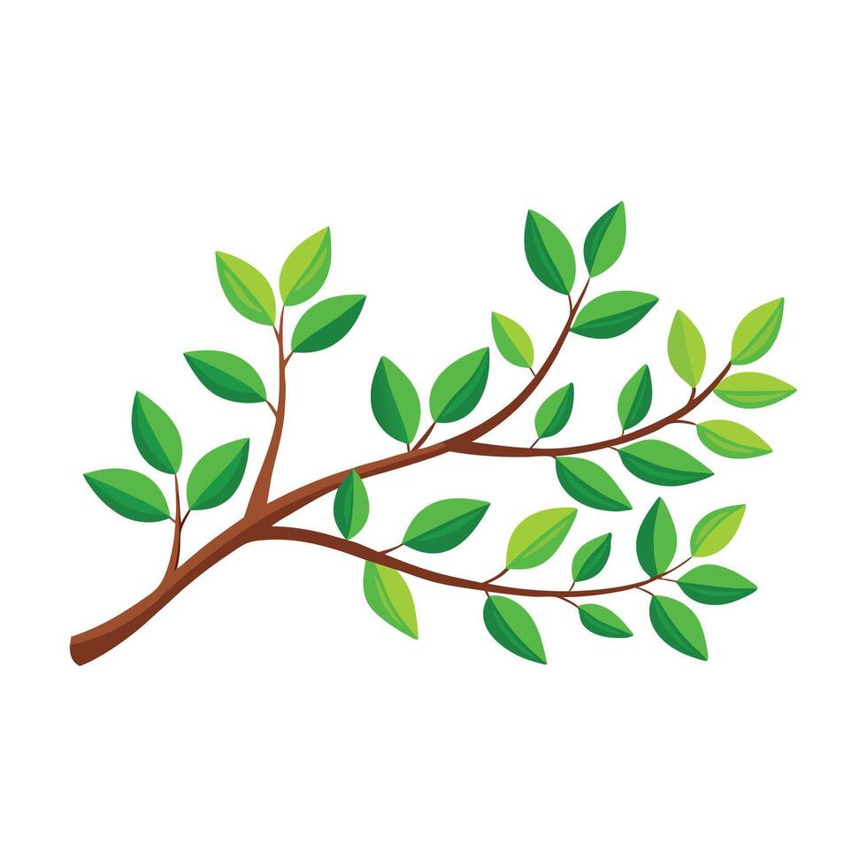 Single tree branch with green leaves flat illustration white background. vector