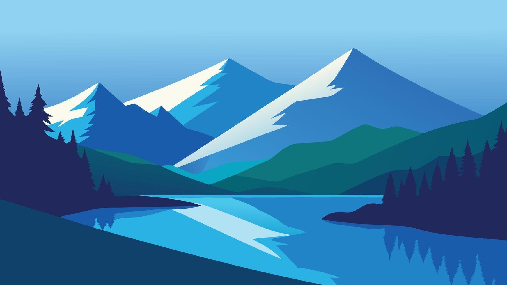 lake bordered by lush trees and majestic mountains under a clear blue sky flat illustration vector