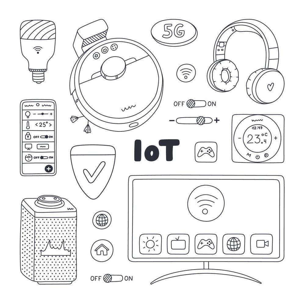 Cute doodle set of smart devices for entertainment, cleaning house, regulate temperature and light, secure home. Hand drawn intelligence machine with remote control via telephone. Internet of things vector