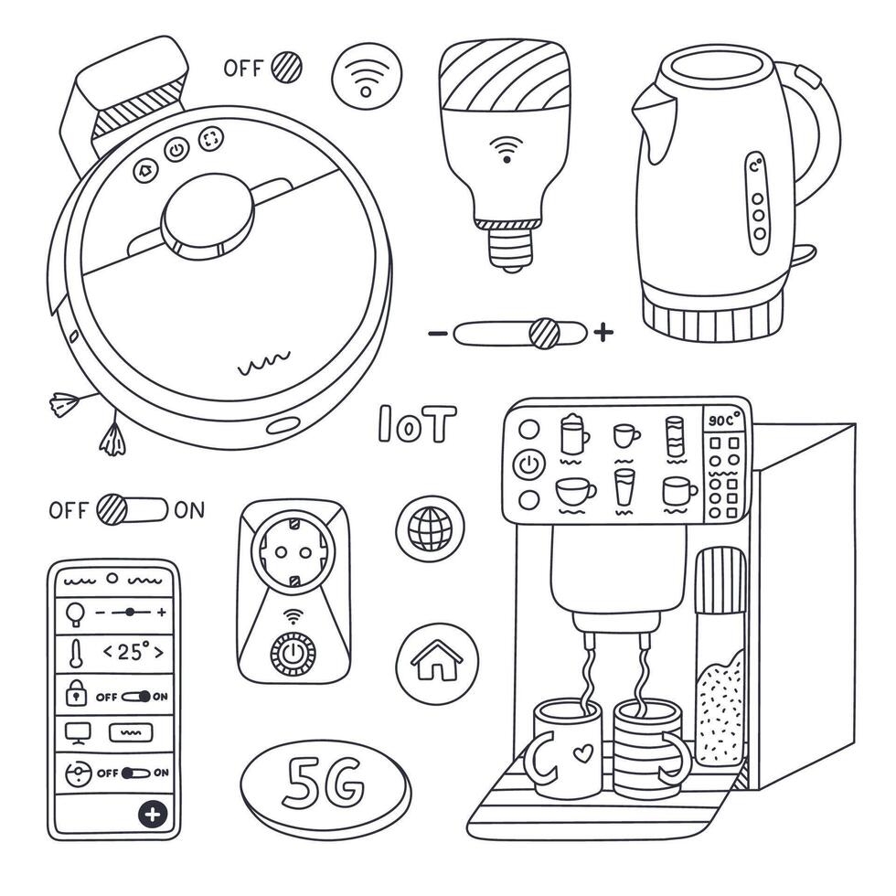 Cute outline set with smart devices for remote housework, coffee making, control light via smartphone. Hand drawn intelligence machine connected to network. Internet of things isolated collection. vector