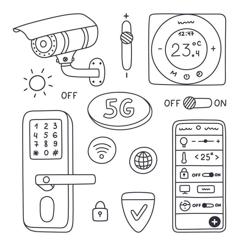 Cute doodle set with security smart devices for home safety, surveillance, controlling via telephone. Hand drawn security camera, intelligence door lock, remote thermostat to protect property, house. vector
