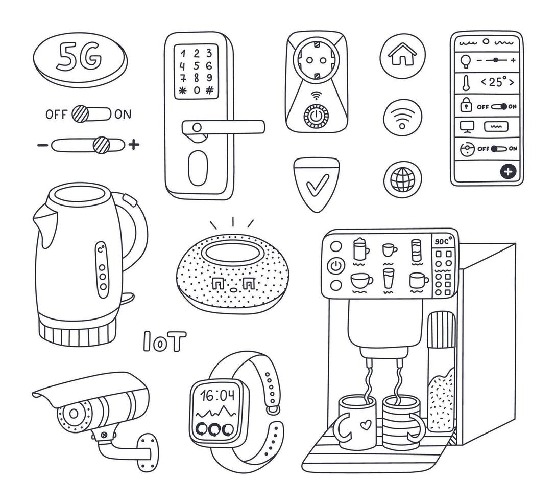 Cute outline set of smart devices for entertainment, cook, secure home. Hand drawn intelligence machine with remote control via telephone, voice assistant. Internet of things isolated on background. vector