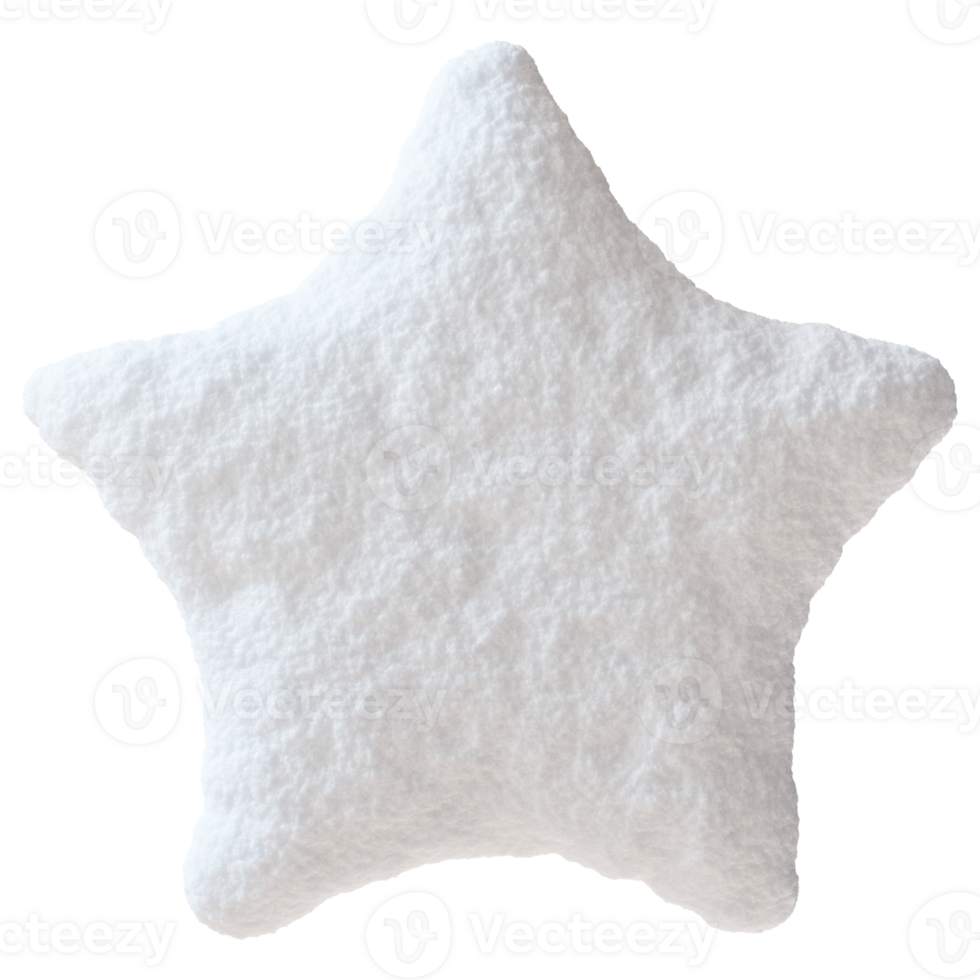White snowy star on transparent background. Soft fluffy texture. Ideal for winter-themed designs, holiday or seasonal graphics. Christmas, New Year. 3D render. png