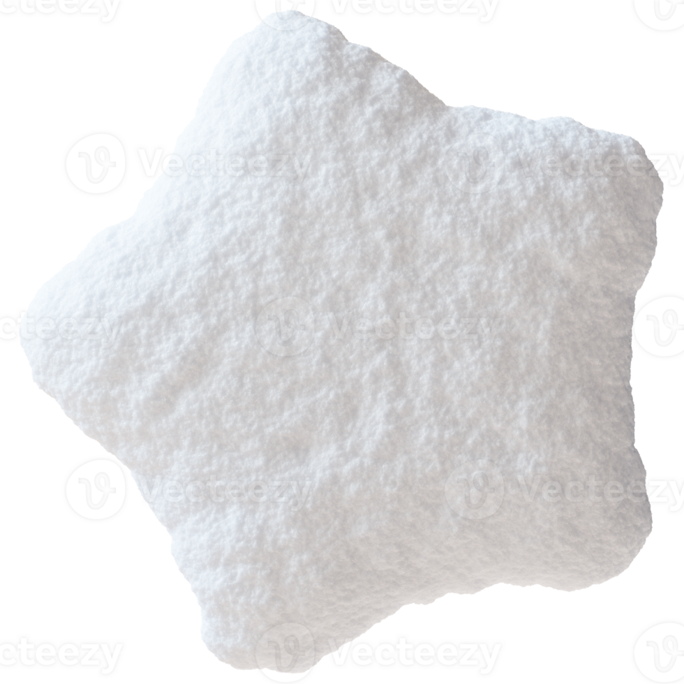 White snowy star on transparent background. Perfectly shaped with soft fluffy texture. Ideal for winter-themed designs, holiday or seasonal graphics. Christmas, New Year. 3D render. png