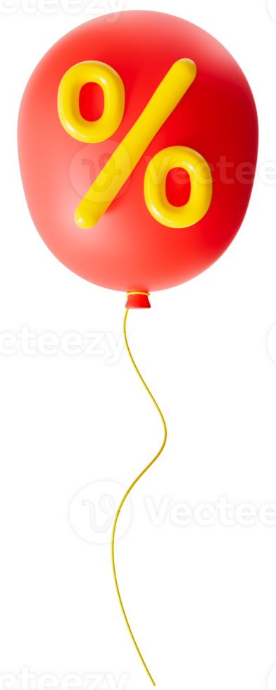 Red balloon with yellow percentage symbol, on transparent background. Perfect for representing discounts, promotions, sales. Marketing campaigns, retail ads. Cut out. 3D render. png