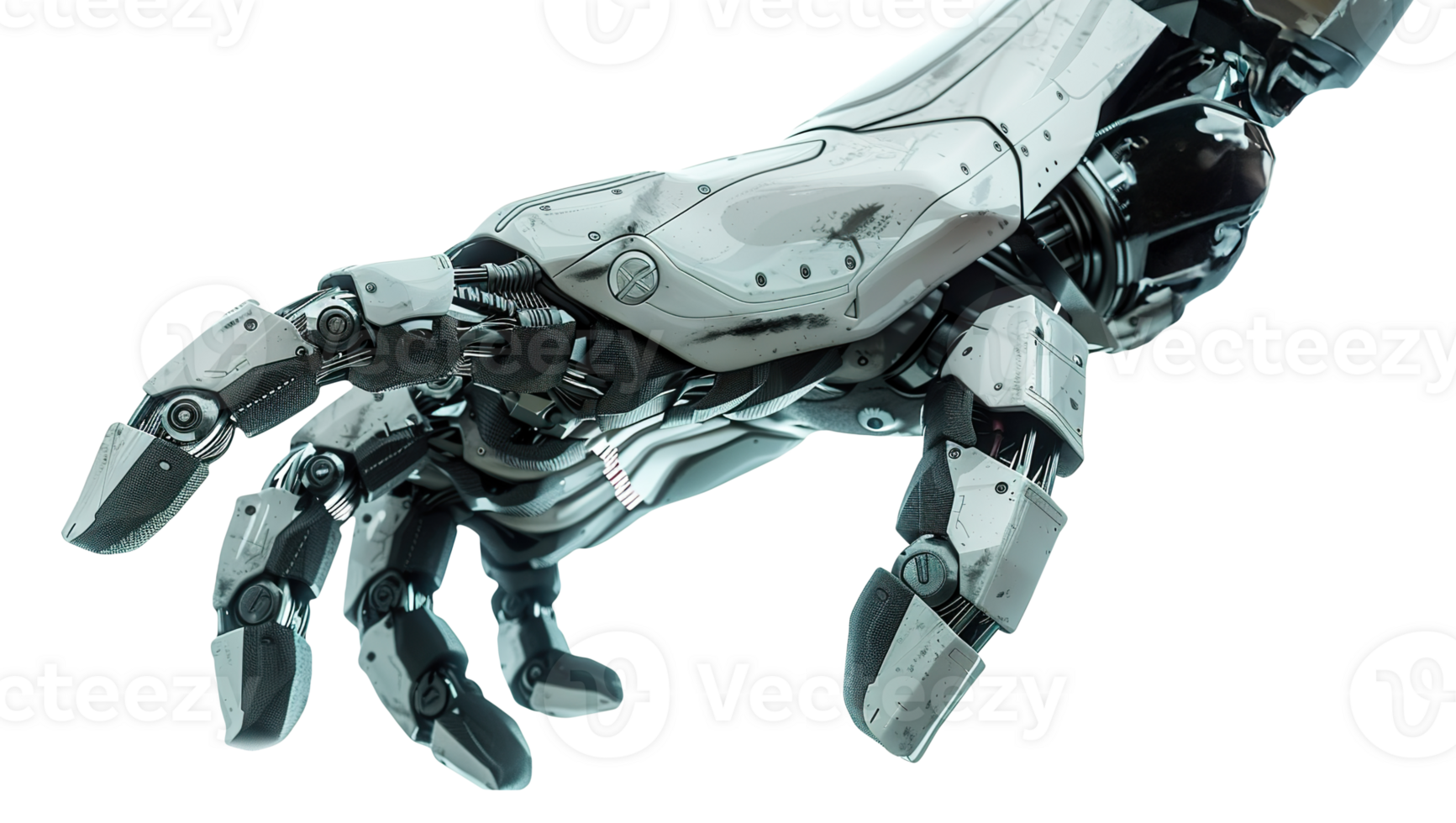 Detailed closeup of futuristic robot hand showcasing advanced mechanical engineering with articulated fingers, on transparent background. Cut out robotic hand taking something. png