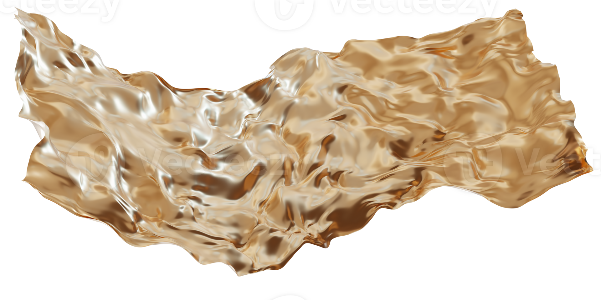 Abstract golden fabric-like material with flowing, reflective surface, on transparent background. Elegant fluid, luxurious metallic textile. Flowing gold. Cut out graphic design element. 3D png