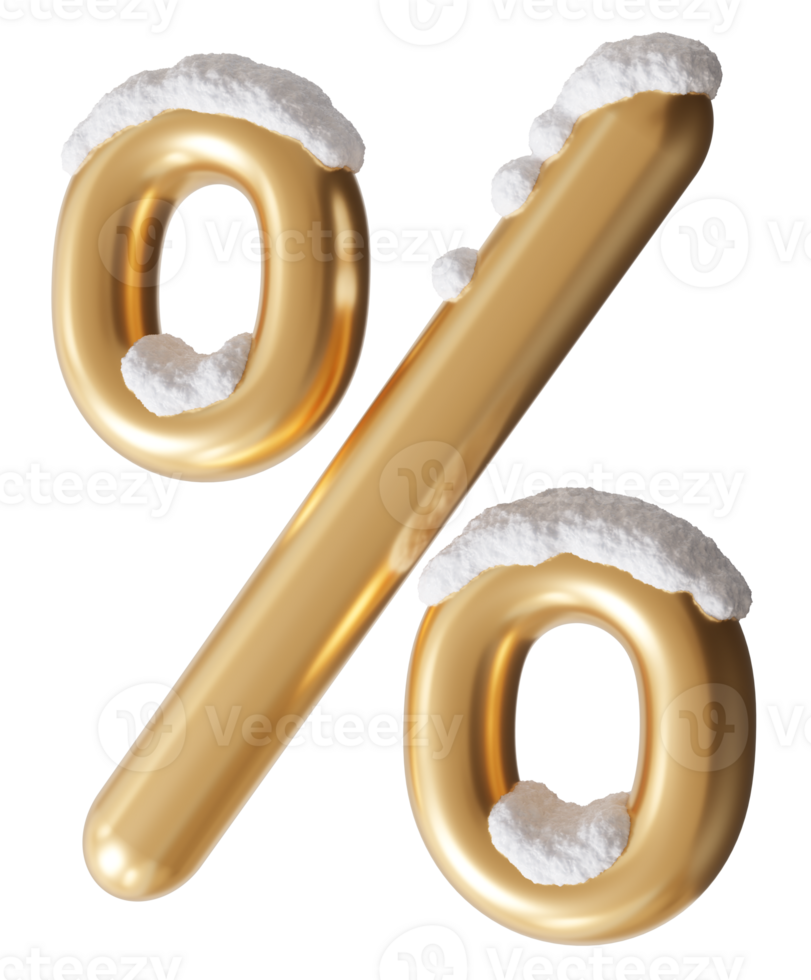 Golden percentage sign covered with snow, on transparent background. Perfect for winter-themed promotions, holiday discounts, and festive sales campaigns. Christmas, New year sale. 3D render. png