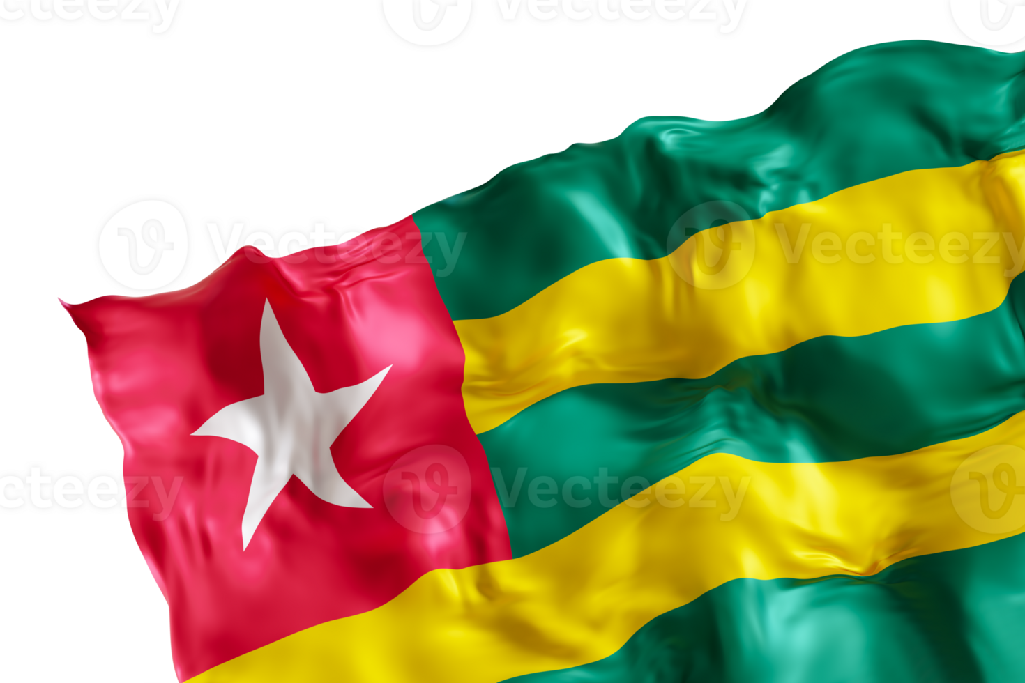 Realistic flag of Togo with folds, on transparent background. Footer, corner design element. Cut out. Perfect for patriotic themes or national event promotions. 3D render. png