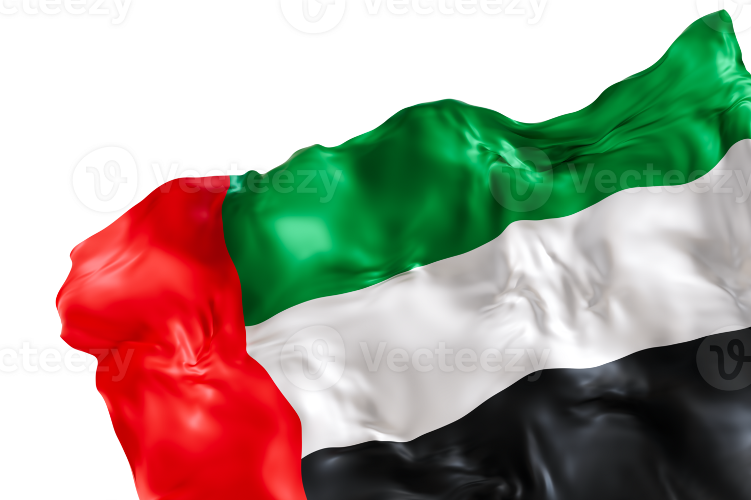 Realistic flag of United Arab Emirates with folds, on transparent background. Footer, corner design element. Cut out. Perfect for patriotic themes or national event promotions. 3D render. png