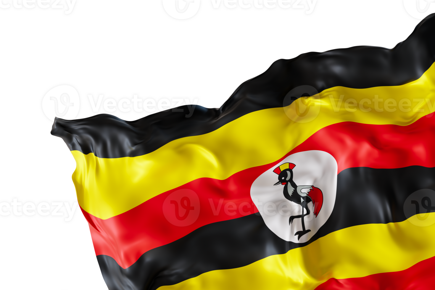 Realistic flag of Uganda with folds, on transparent background. Footer, corner design element. Cut out. Perfect for patriotic themes or national event promotions. 3D render. png