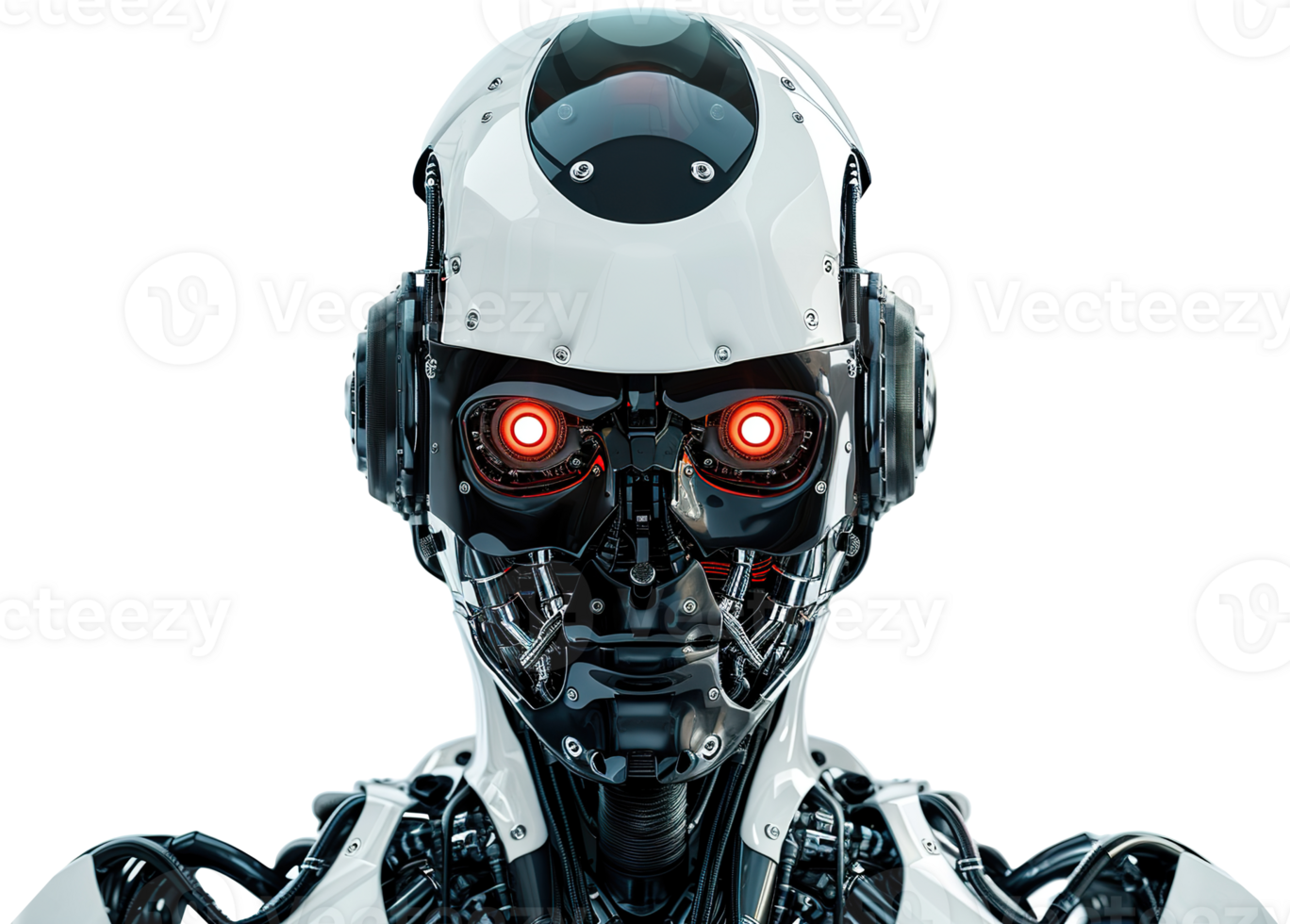 Futuristic robotic head with intricate mechanical details, on transparent background. Ideal for technology-related projects, AI concepts, robotics and futuristic designs. Cut out. png