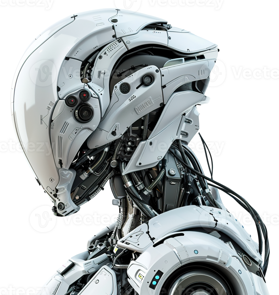 Futuristic robotic head with intricate mechanical details, on transparent background. Ideal for technology-related projects, AI concepts, robotics and futuristic designs. Cut out. png