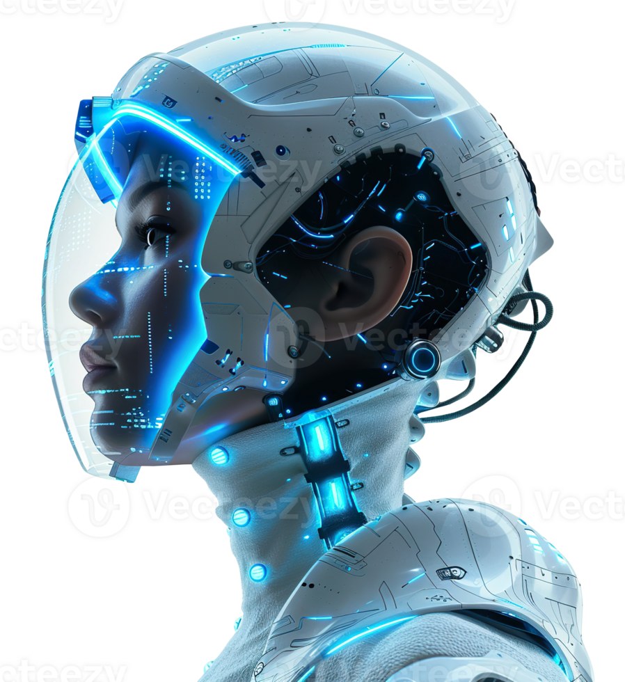 Futuristic humanoid robot in high-tech helmet with blue neon lights and intricate circuitry, on transparent background. Perfect for use in AI, robotics, sci-fi, technology themes. png