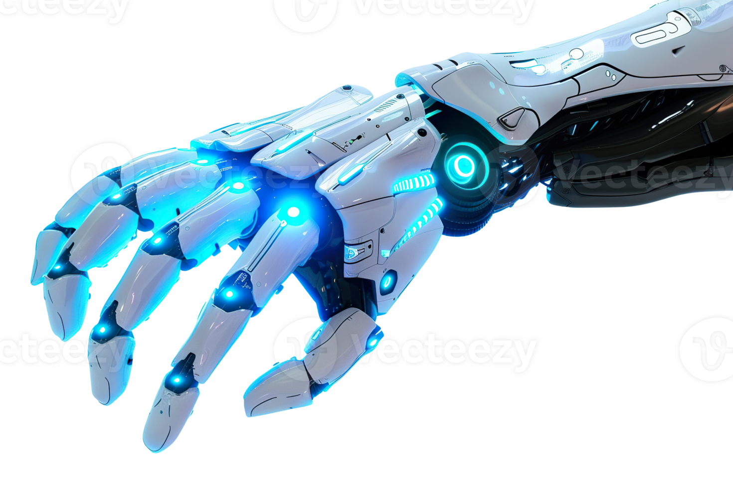 Futuristic robot hand showcasing advanced mechanical engineering with articulated fingers and illuminated joints, on transparent background. Cut out robotic hand. png