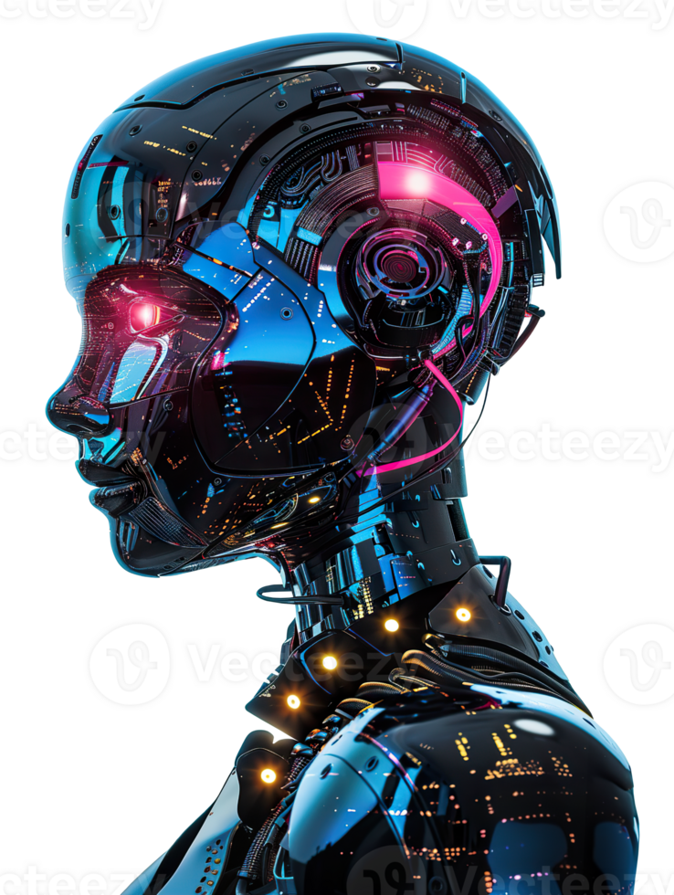 Futuristic humanoid robot with glowing pink and blue lights, sleek metallic surfaces, on transparent background. Perfect for AI, robotics, sci-fi, and advanced technology themes. png