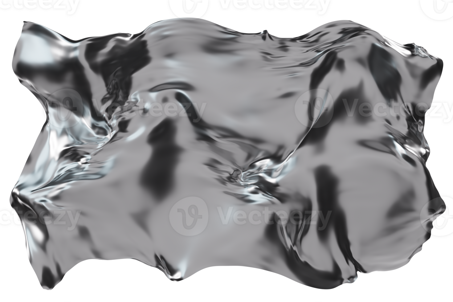 Abstract silver fabric-like material with flowing, reflective surface, on transparent background. Fluid, metallic textile. Flowing chrome. Y2k, 2000 s style. 3D. png