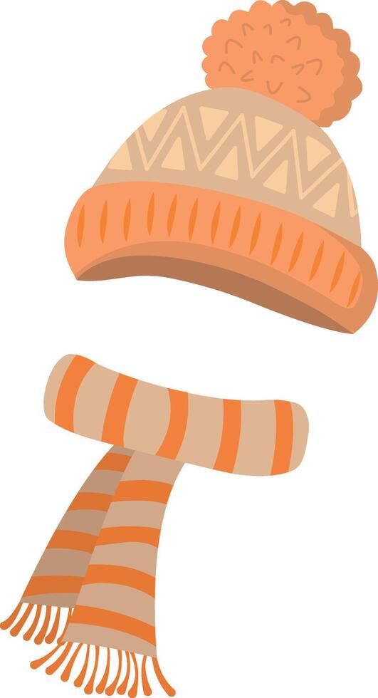 Knitted hat and scarf flat illustration. A set of cute winter knitted clothes. A warm set of outerwear a woolen scarf and a hat. illustration vector
