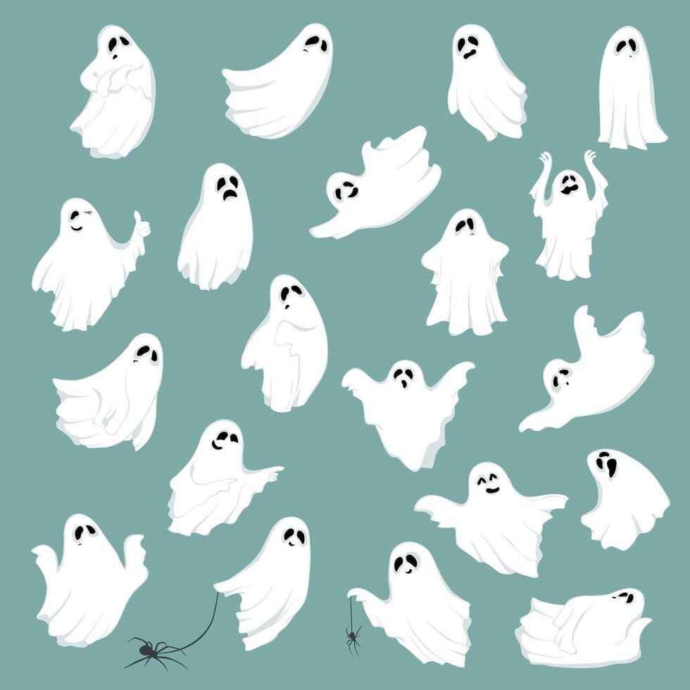 Halloween set of cute funny ghosts graphic. vector
