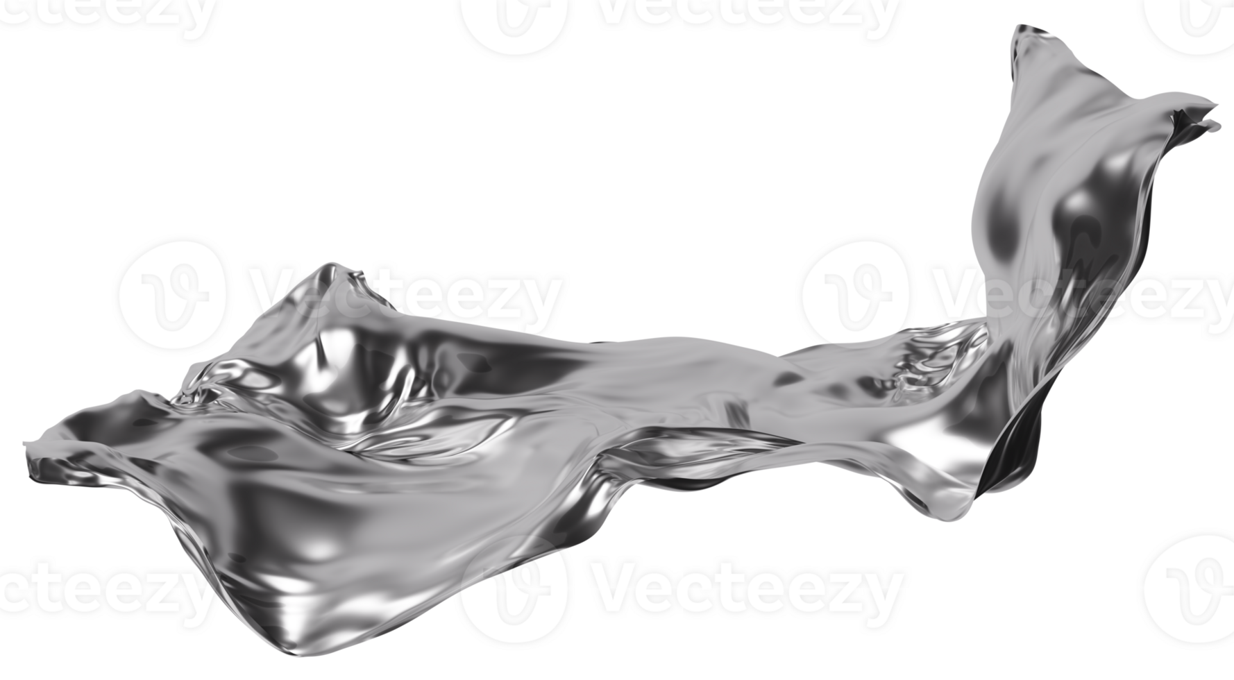 Abstract silver fabric-like material with flowing, reflective surface, on transparent background. Fluid, metallic textile. Flowing chrome. Cut out graphic design element. Y2k, 2000 s style. 3D. png
