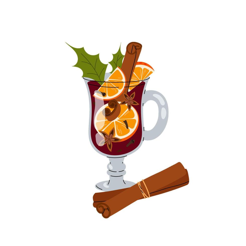 Gluhwein. A classic autumn or winter drink. Mulled wine with cinnamon, orange, anise and cloves. Flat illustration of a wine drink. vector