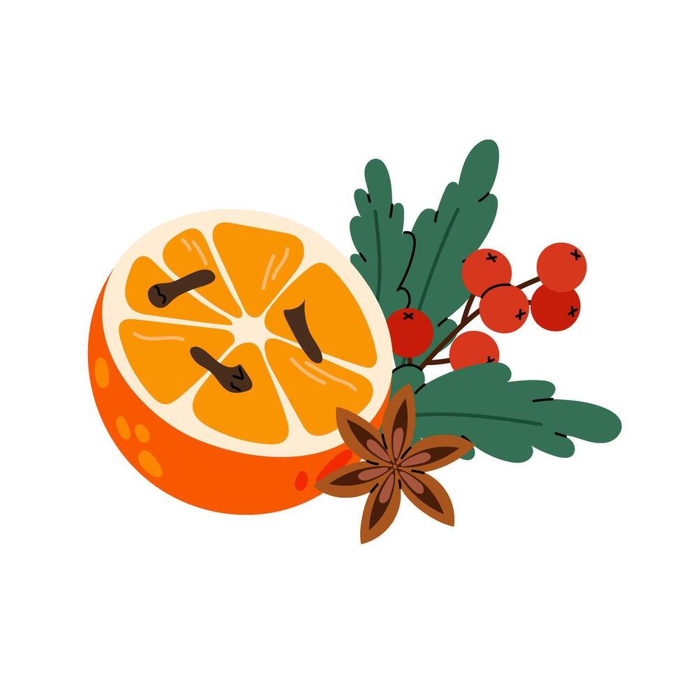 Aromatherapy. Christmas decor. Half an orange with spices. Anise, cloves. Aromatic composition. Flat illustration on white background. vector