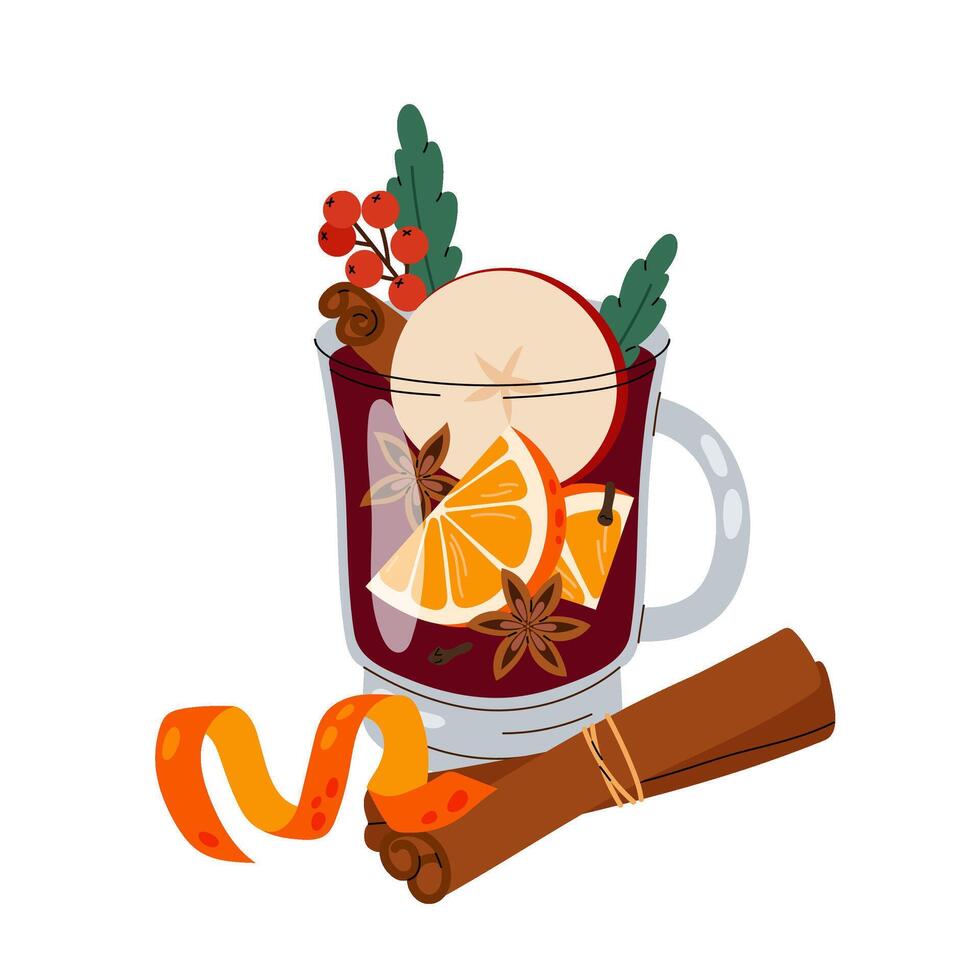 Gluhwein. Hot autumn or winter drink. Mulled wine with cinnamon, apple, orange, anise and cloves. Flat illustration of a wine drink. vector
