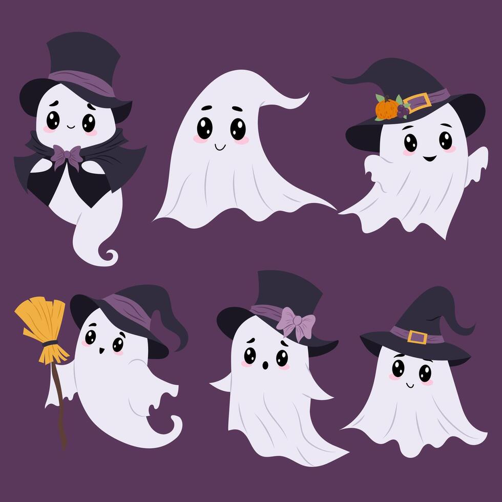 Set of cute ghosts isolated on coloured background. Kids holiday character. Ghosts in different Halloween costumes. Flat illustration in hand drawn style. vector