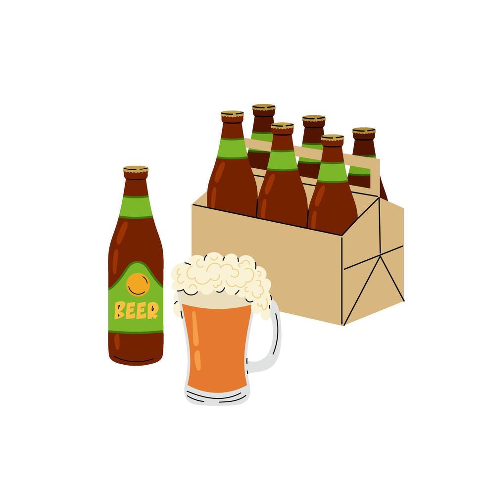 Bottle of beer. Cardboard box with glass bottles. Alcoholic beverage. Pint of light frothy beer. Flat illustration on white background. vector