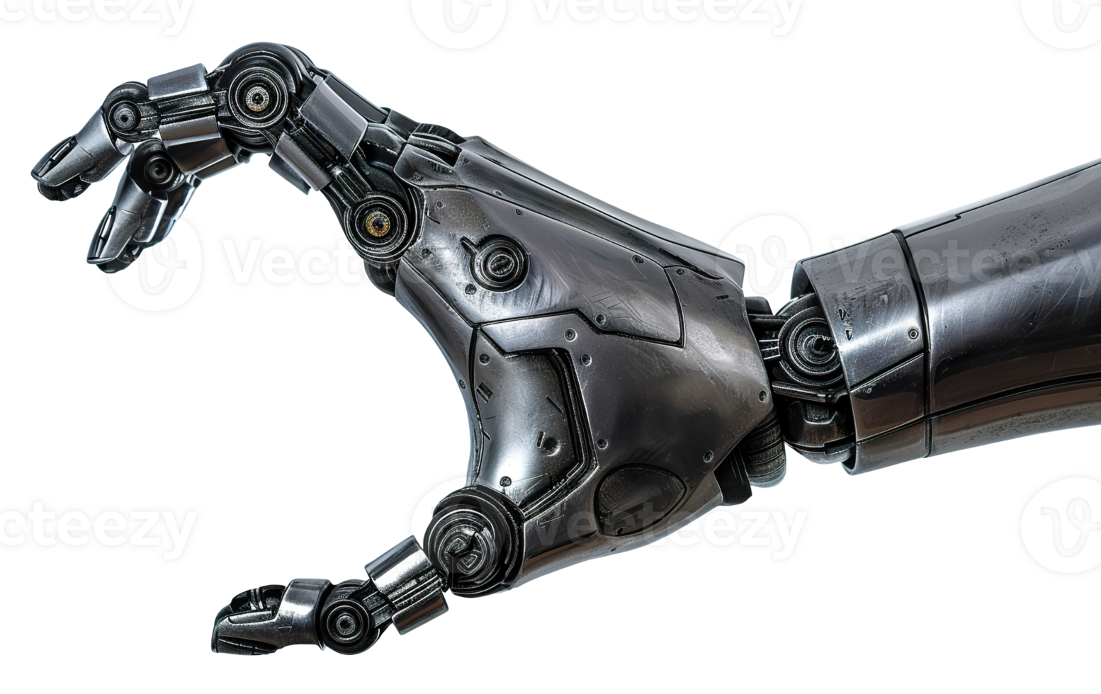 Detailed closeup of futuristic robot hand showcasing advanced mechanical engineering with articulated fingers, on transparent background. Cut out robotic hand taking something. png