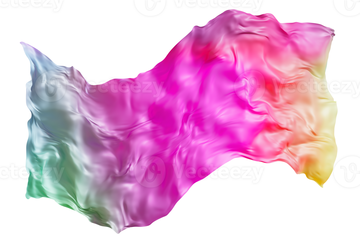 Abstract rainbow fabric-like material with flowing, reflective surface, on transparent background. Fluid, colorful textile. Cut out vibrant graphic design element. Y2k, 2000 s style. 3D render. png