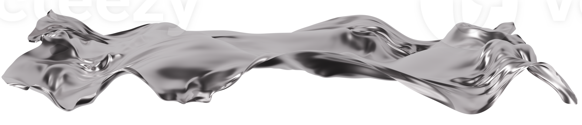 Abstract silver fabric-like material with flowing, reflective surface, on transparent background. Fluid, metallic textile. Flowing chrome. Footer or header. Y2k, 2000 s style. 3D. png